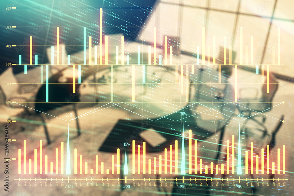 Double exposure of forex chart on conference room background. Concept of stock market analysis Double exposure of forex chart on conference room background. Concept of stock market analysis