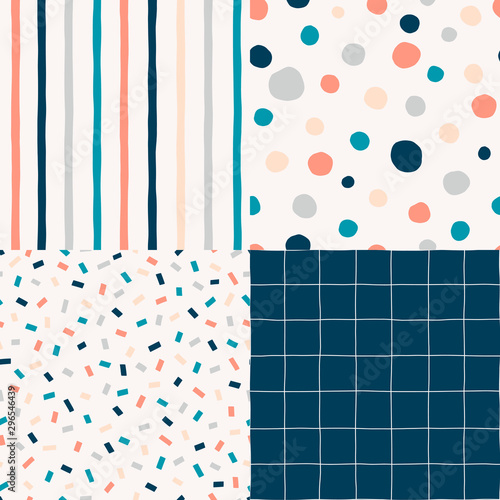 Vertical parallel stripes pattern. Polka dot, circles hand drawn print. Checkered geometrical simple texture. Confetti decorative backdrop. Colourful Abstract seamless designs set.