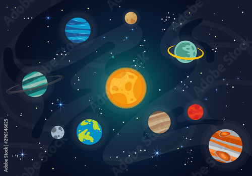 Vector Illustration Of Space. Space flat vector background with rocket, spaceship, moon, Jupiter, satellite, astronaut, planets and stars. 