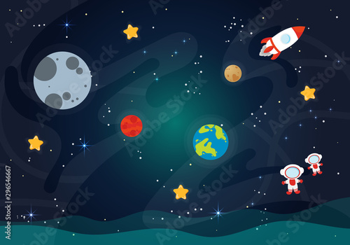 Vector Illustration Of Space. Space flat vector background with rocket, spaceship, moon, Jupiter, satellite, astronaut, planets and stars. 