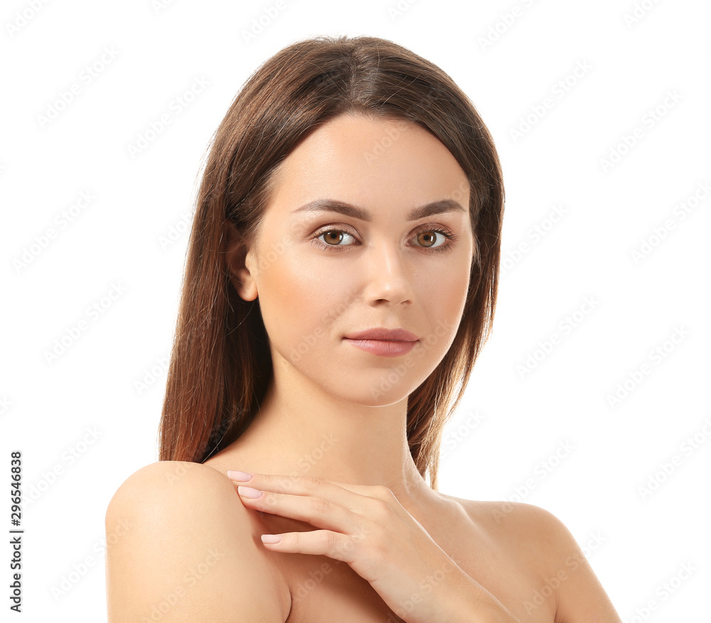Beautiful young woman with nude makeup on white background Beautiful young woman with nude makeup on white background
