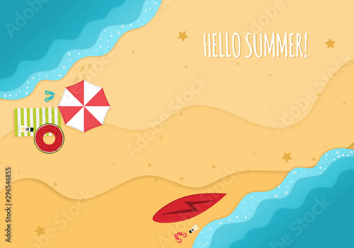 Cool summer sea and beach. Paper cut Hello Summer banner. Top view of Summer beach with sun umbrella, rubber ring in donut form, picnic mat, coconut tree, hat and sea wave on sandy beach