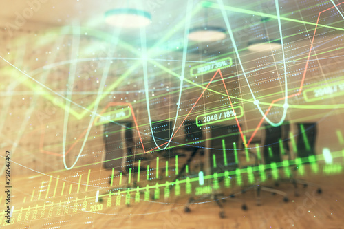 Multi exposure of stock market graph on conference room background. Concept of financial analysis