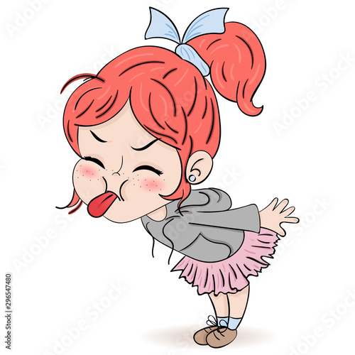 Hand drawn beautiful cute haired girl showing tongue. Cartoon character. Template for design cards, notebook, shop, poster. 