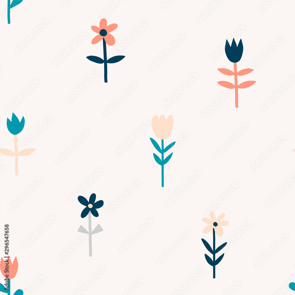 Tulips and chamomiles hand drawn seamless pattern. Decorative garden flowers on red background. Blooming plants with stems and leaves vector illustration. Textile, wallpaper design idea Tulips and chamomiles hand drawn seamless pattern. Decorative garden flowers on red background. Blooming plants with stems and leaves vector illustration. Textile, wallpaper design idea