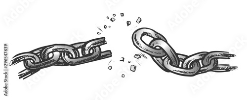 Broken Metallic Chain Freedom Concept Ink Vector. Breaking And Demolition Steel Chain. Disruption Strong Steel Engraving Template Hand Drawn In Vintage Style Color Illustration