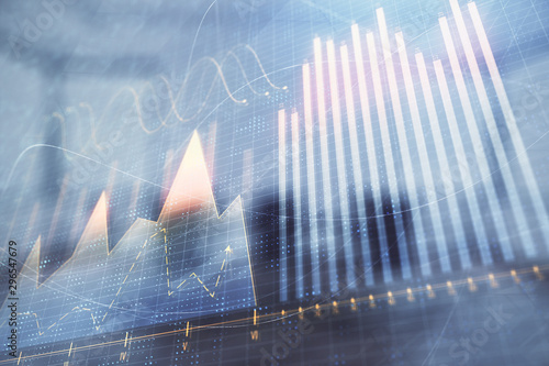 Multi exposure of stock market graph on conference room background. Concept of financial analysis