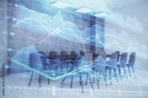 Multi exposure of stock market graph on conference room background. Concept of financial analysis