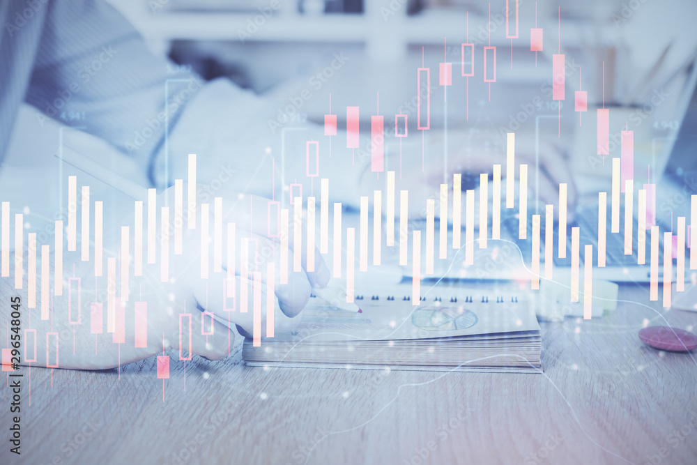 Multi exposure of financial graph with man works in office on background. Concept of analysis. Multi exposure of financial graph with man works in office on background. Concept of analysis.
