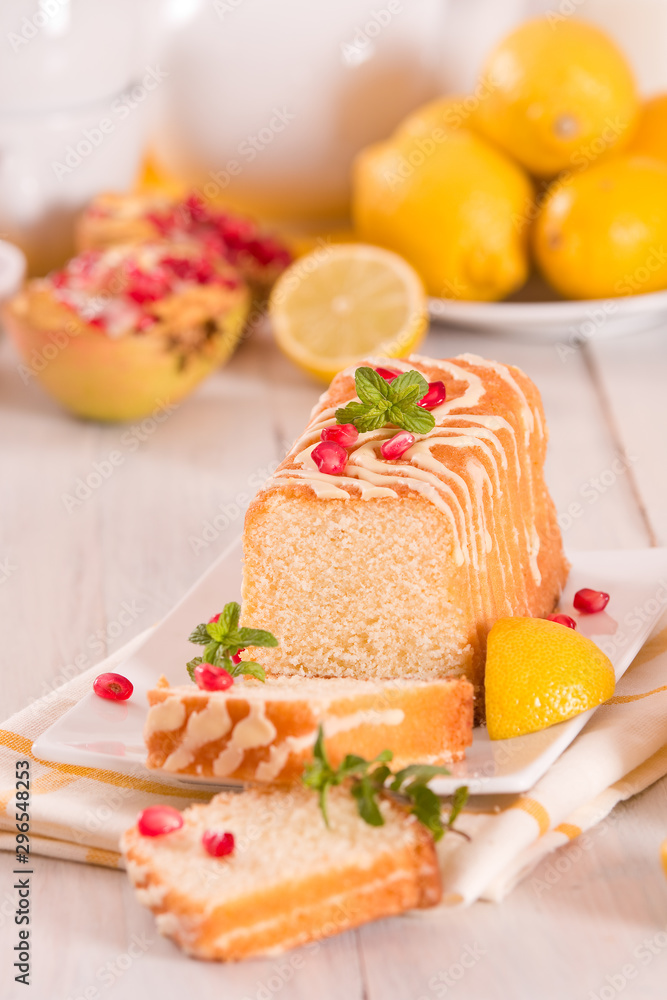 Lemon sponge cake with pomegranate. Lemon sponge cake with pomegranate.