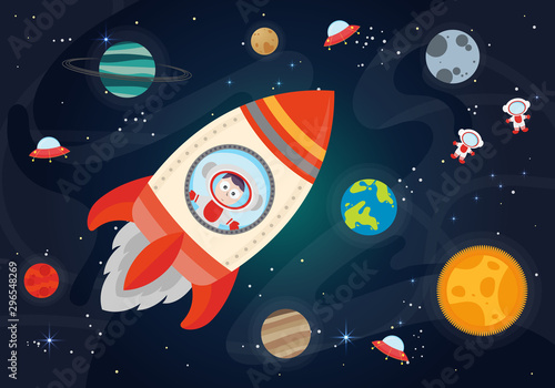 Vector Illustration Of Space. Space flat vector background with rocket, spaceship, moon, Jupiter, satellite, astronaut, planets and stars.