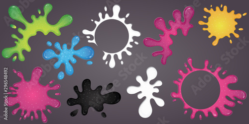 Set of glitter slime dripping on light background. Glossy multicolor texture. Vector illustration.