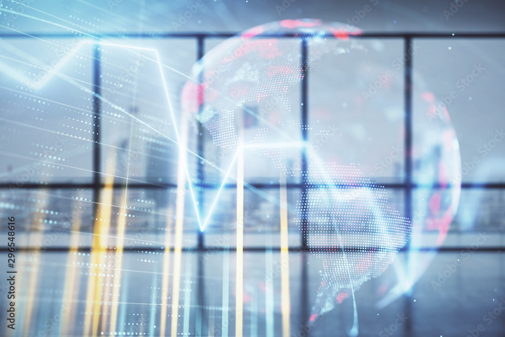Double exposure of financial chart with world map on empty room interior background. International market concept. Double exposure of financial chart with world map on empty room interior background. International market concept.