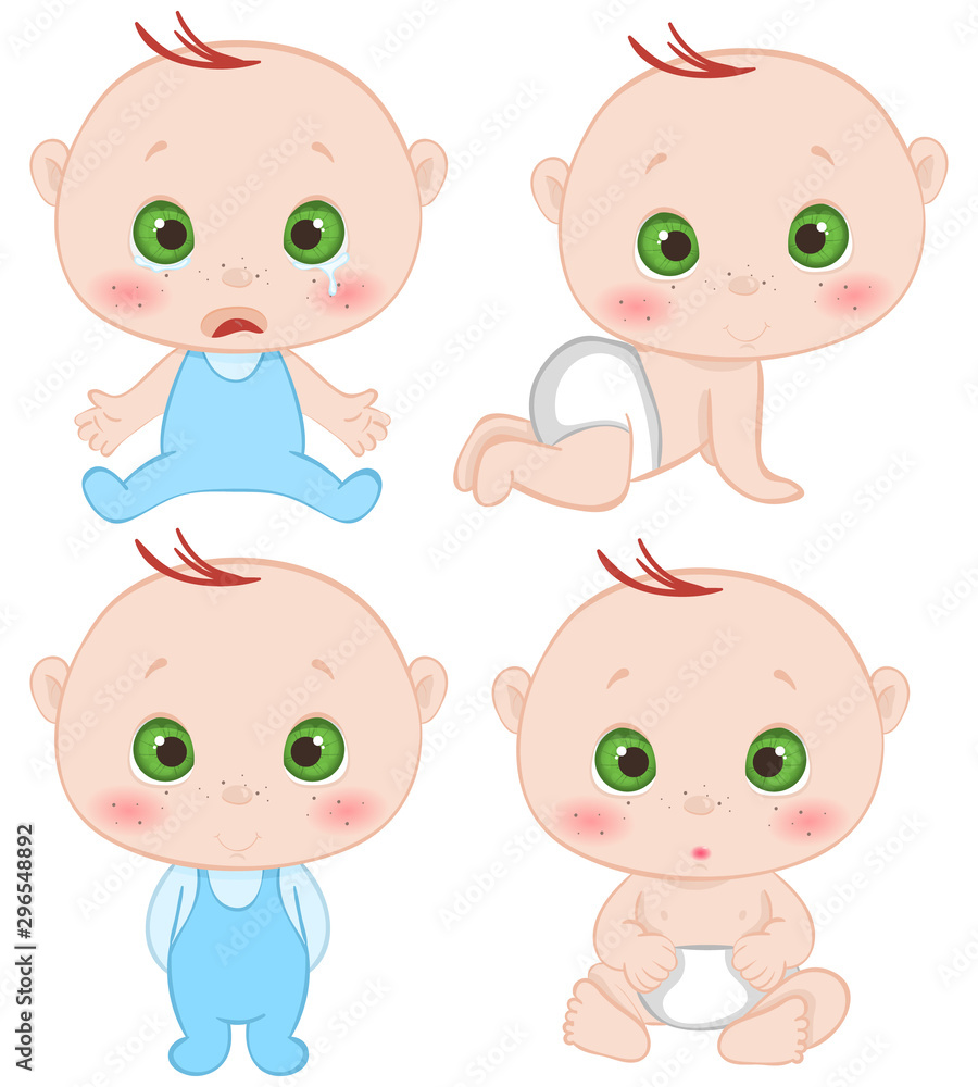 Set with cute baby or toddler boy in differend poses.Crying, sitting, crawling, playing isolated on white background. Cute little baby in diaper with different emotions