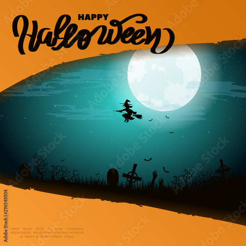 Halloween background. Invitation for party. Mix of Various Spooky Creatures, Moon. Halloween night vector illustration. Halloween background with scary graveyard.