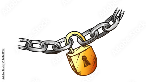Steel Chain And Brass Padlock Vector. Lock And Iron Chain. Linked Metallic Rings Elements Engraving Concept Mockup Hand Drawn In Vintage Style Color Illustration