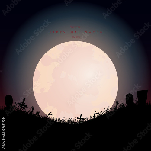 Halloween background. Invitation for party. Mix of Various Spooky Creatures, Moon. Halloween night vector illustration. Halloween background with scary graveyard