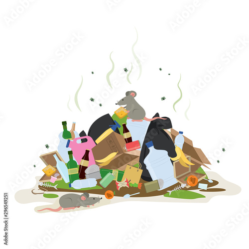 Big smelly pile of garbage. Bad smell trash. Waste recycling.Cartoon mouse or rat on top.