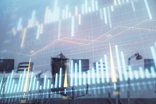 Stock and bond market graph with trading desk bank office interior on background. Multi exposure. Concept of financial analysis