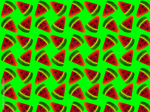  Seamless pattern from slices of watermelon on a green background. Print.