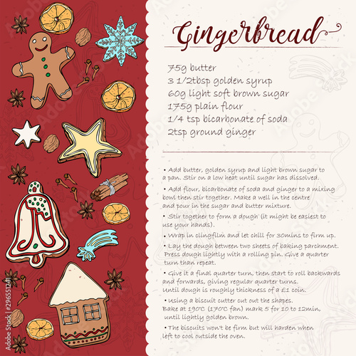 Christmas gingerbread cookie recipe card. icing gingerbread cookie