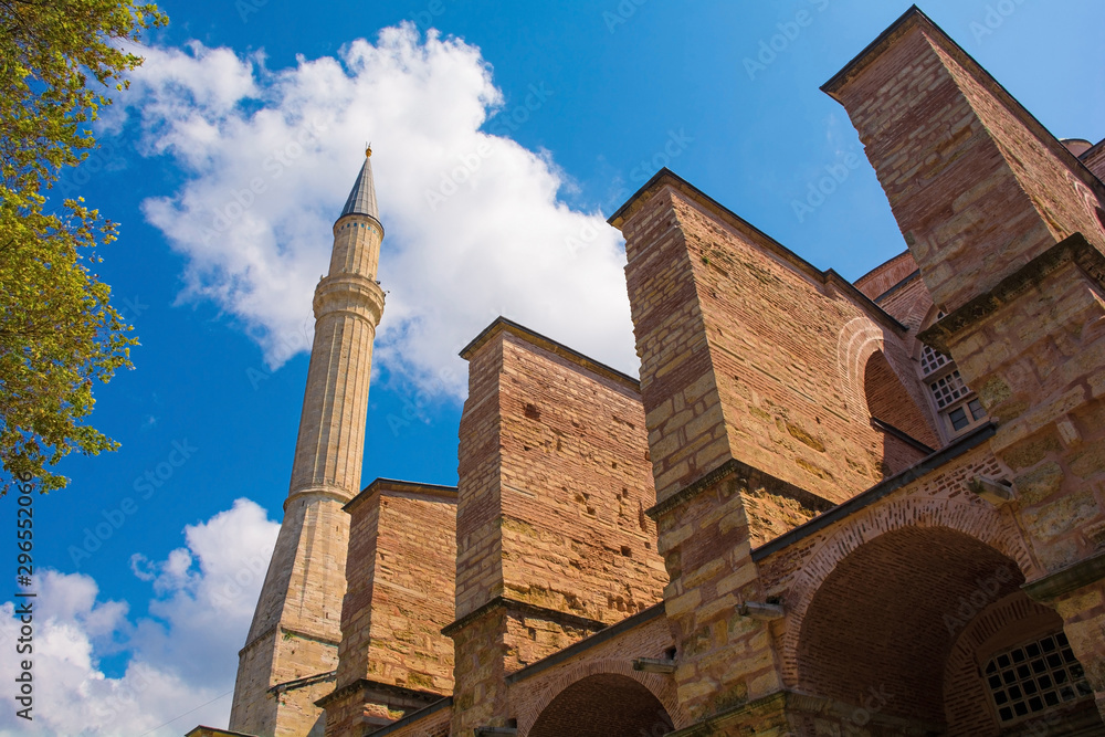 Part of the exterior of  Ayasofia or Hagia Sofia in Sultanahmet, Istanbul, Turkey. Built in 537 AD as a church, it was converted into a mosque in the mid-1400s. 