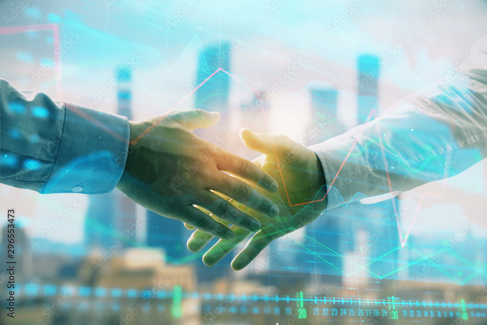 Double exposure of financial graph on cityscape background with two businessman handshake. Concept of stock market deal Double exposure of financial graph on cityscape background with two businessman handshake. Concept of stock market deal