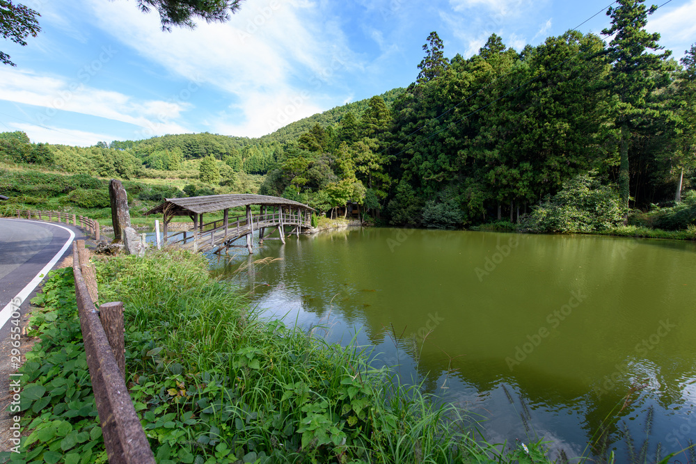 Fototapeta premium 写真素材:弓削神社、内子町、愛媛県、池、橋、風景