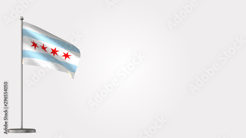 Chicago 3D waving flag illustration on Flagpole. Perfect for background with space on the right side.