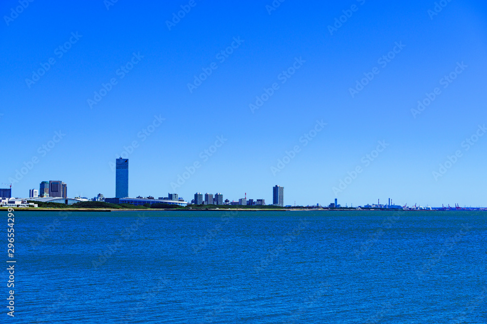 Landscape of Makuhari city in the background of blue sky in Chiba Japan Landscape of Makuhari city in the background of blue sky in Chiba Japan