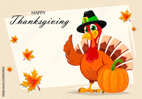 Thanksgiving turkey standing near pumpkin
