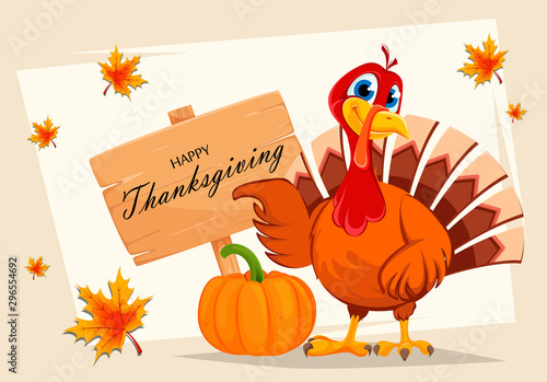 Thanksgiving turkey pointing on wooden sign