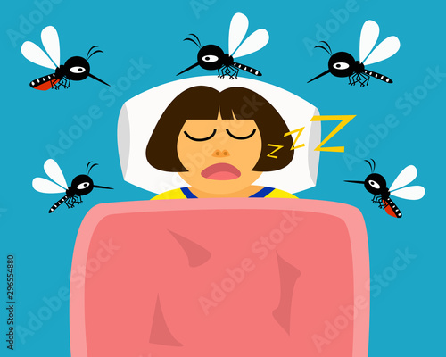 mosquito carrier of dengue fever. kid sleeping and mosuitoes bite.