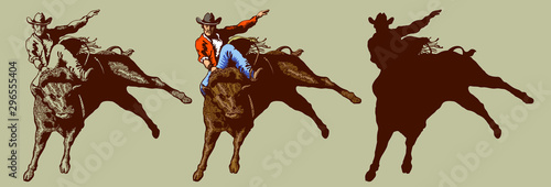 vector image of a cowboy in a hat on a horse with a lasso and a foal in the style of art graphics