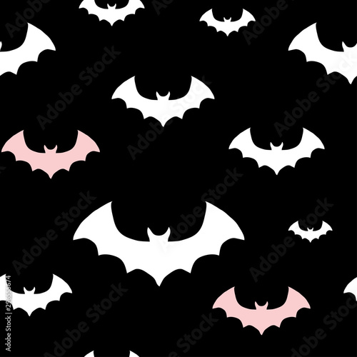Halloween pattern with white and pink bats on black background. Simple minimalistic with bat silhouettes. Cute hand drawn texture for kids textile, fabric, nursery wallpaper.