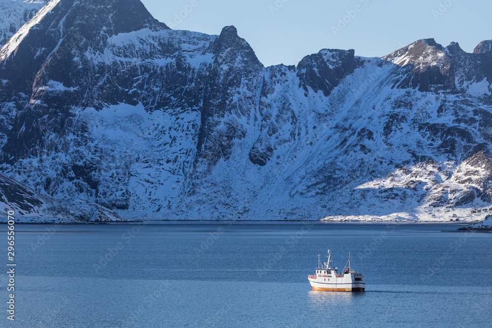Fishing boat on Lofoten islands in winter