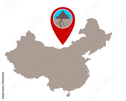 Karte von China und Pin mit Erdbebensymbol