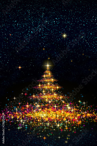 Colorful Christmas tree isolated on stars sky background.