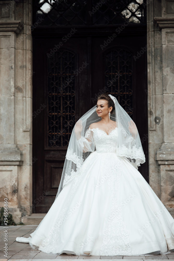 Attractive young bride in white dress with wedding make up and hair style on the background of the big door. Fashion, beauty, style. Wedding photography. Attractive young bride in white dress with wedding make up and hair style on the background of the big door. Fashion, beauty, style. Wedding photography.