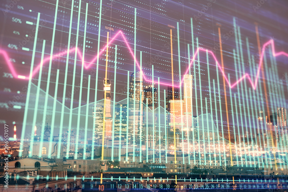 Double exposure of financial chart on Moscow city downtown background. Concept of stock market analysis Double exposure of financial chart on Moscow city downtown background. Concept of stock market analysis