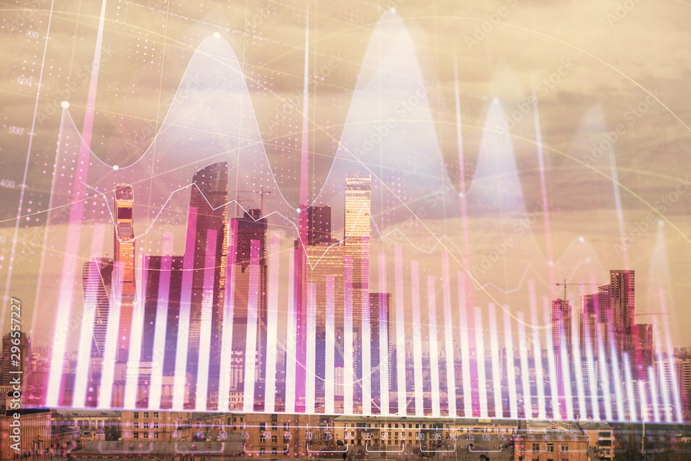 Double exposure of financial graph on downtown veiw background. Concept of stock market research and analysis Double exposure of financial graph on downtown veiw background. Concept of stock market research and analysis