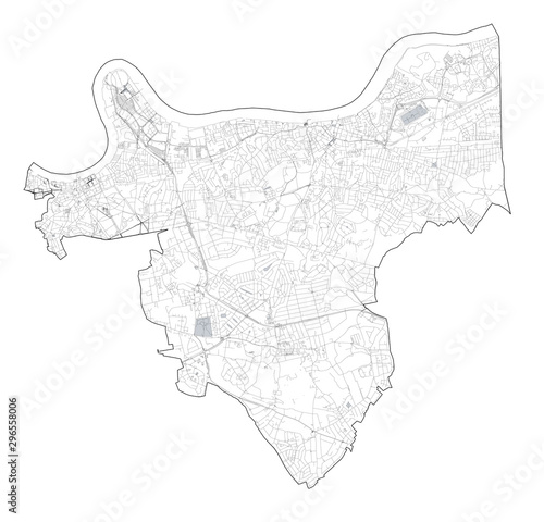 Satellite view of the London boroughs, map and streets of Greenwich borough. England