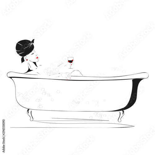 Lady with a glass in the bathroom on a white background. Vector.