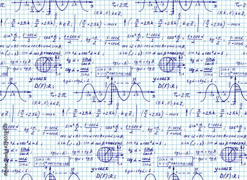 Writing ink in a notebook page. Vintage education background. Trigonometry law theory and mathematical formula equation on workbook page. Vector hand-drawn seamless pattern.