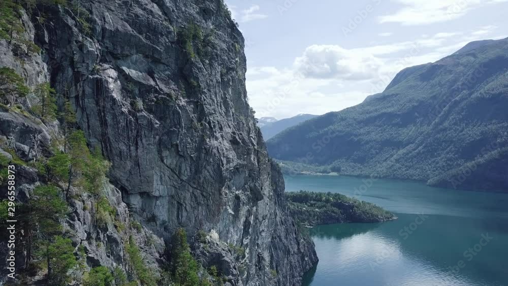 aerial view of cliff revealing fjord, forward drone shot aerial view of cliff revealing fjord, forward drone shot