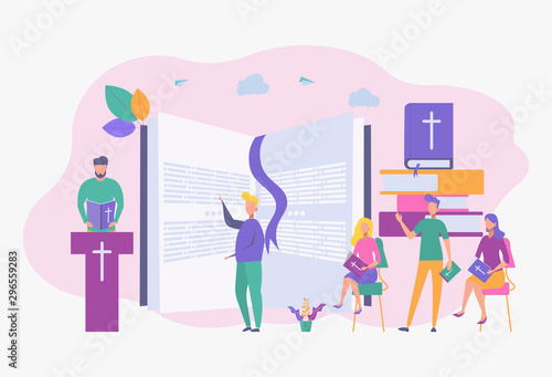 The shepherd reads the Holy Bible and preaches about the Word of God. Jesus Christ and the Bible, a holy scripture. People study the bible. Colorful vector illustration.