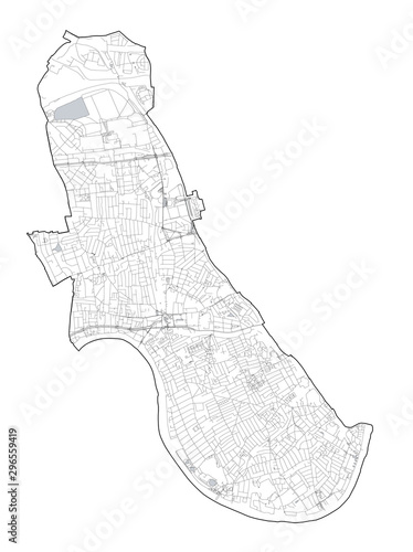 Satellite view of the London boroughs, map and streets of Hammersmith and Fulham borough. England