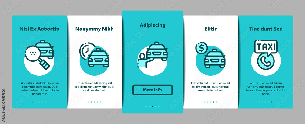 Naklejka premium Online Taxi Onboarding Mobile App Page Screen Vector Thin Line. Taxi Truck And Car, Mobile Application, Web Site And Human Silhouette Concept Linear Pictograms. Contour Illustrations