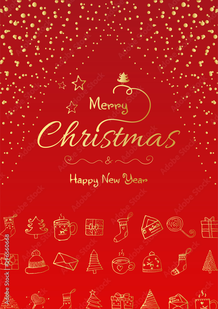 Merry Christmas and happy new year vector poster or greeting card design with hand drawn doodles elements. Xmas banner with gold gradient on red background.
