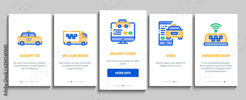 Online Taxi Onboarding Mobile App Page Screen Vector Thin Line. Taxi Truck And Car, Mobile Application, Web Site And Human Silhouette Concept Linear Pictograms. Contour Illustrations